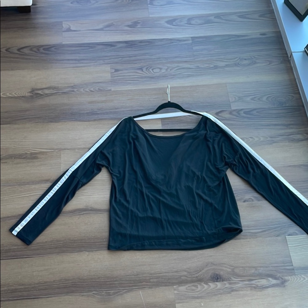 Long sleeve; white strip down sleeves; scoop back